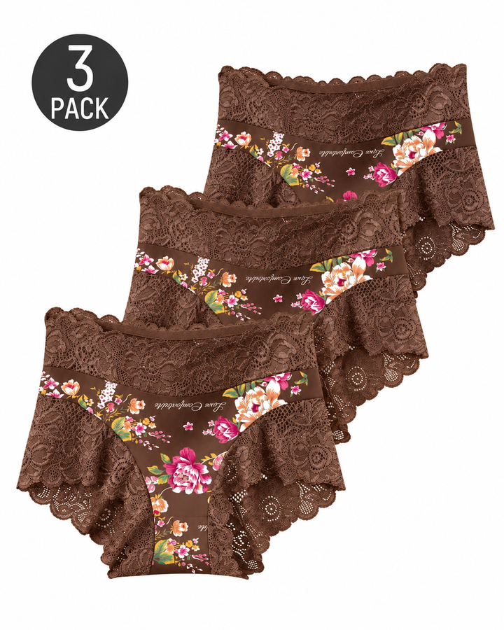 3-Pack High Waist Floral Print Lace Trim Panties