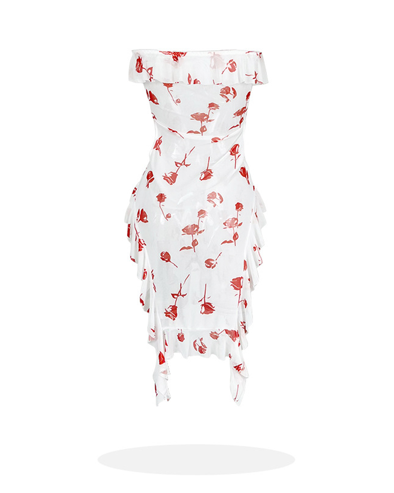 Sheer Rose Print Ruffle Cutout Lingerie Dress