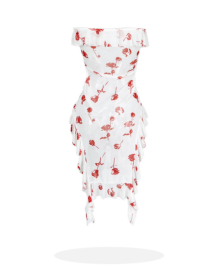 Sheer Rose Print Ruffle Cutout Lingerie Dress