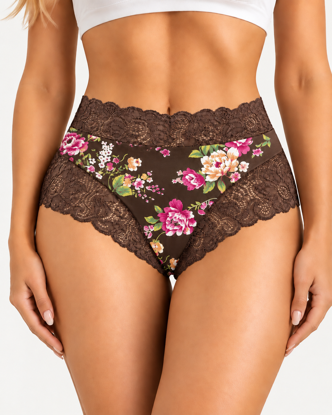 3-Pack High Waist Floral Print Lace Trim Panties