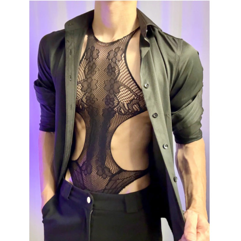 Men's Black Lace Mesh High Neck Bodysuit Side Cutout Teddy Lingerie
