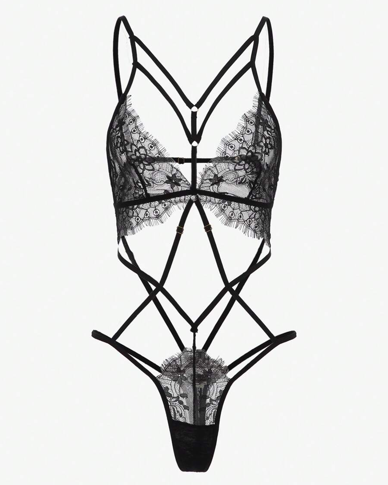 Sexy Floral Lace Crisscross Strappy Cutout Thong Bodysuit