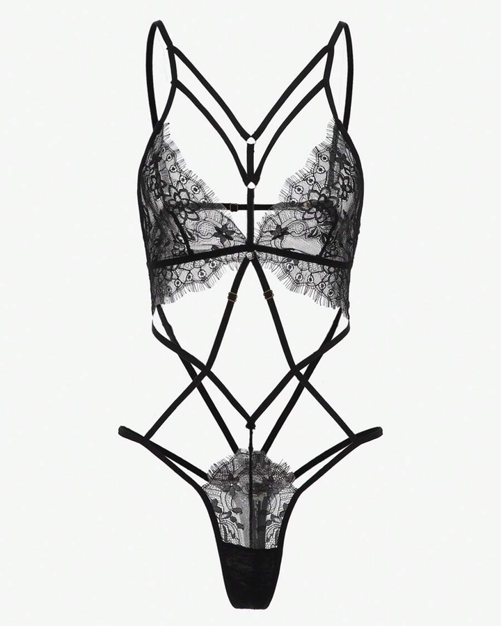 Sexy Floral Lace Crisscross Strappy Cutout Thong Bodysuit