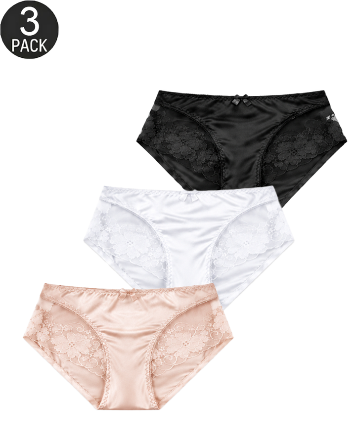 3-Pack Mixed-Color Satin-Look Briefs with Floral Lace Panels