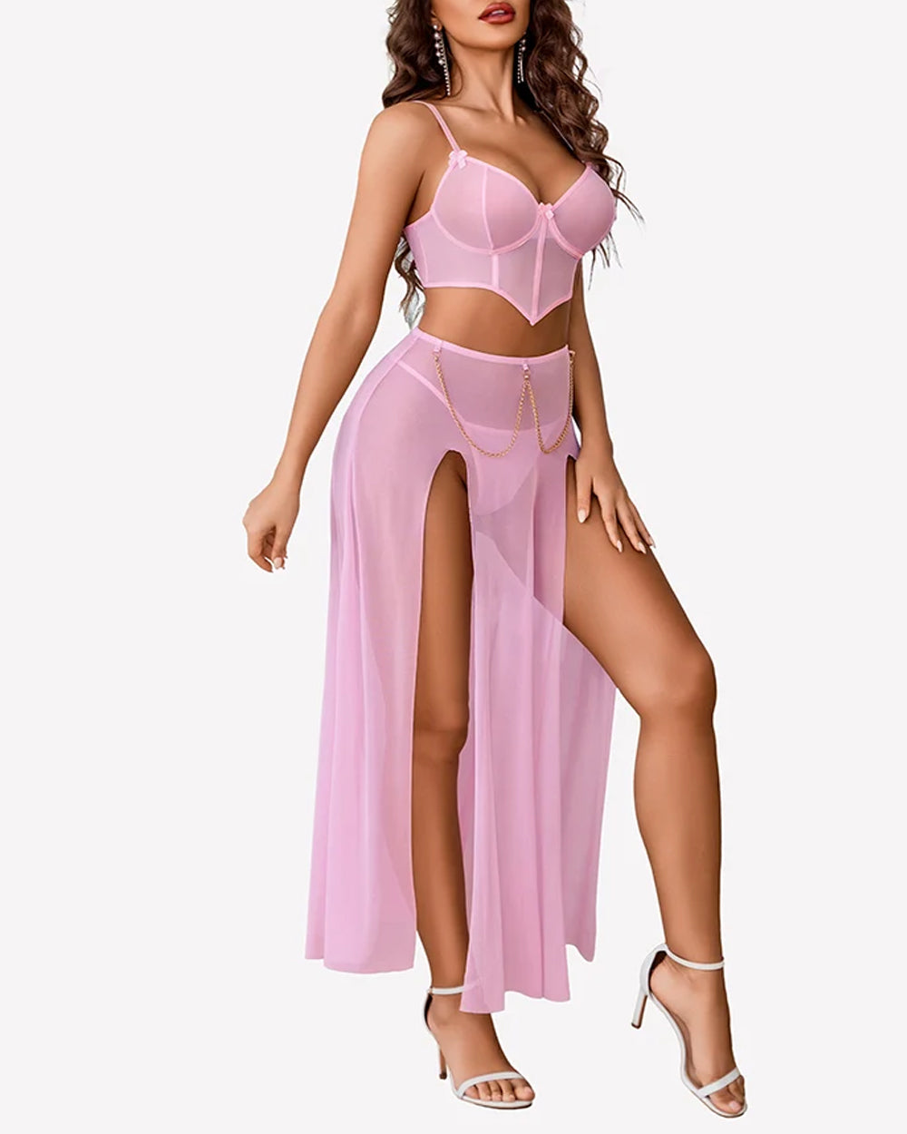 Sheer Mesh Bustier Top & High Slit Maxi Skirt Lingerie Set