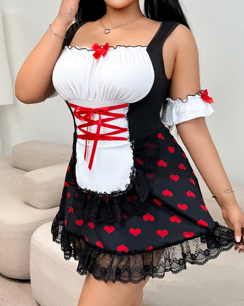 Heart Print Maid-Inspired Mini Dress with Lace Ruffles and Ribbon Lace-Up Detail