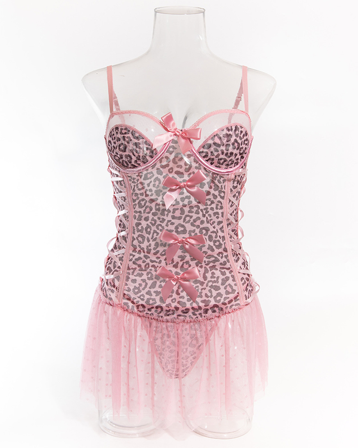 Sexy Leopard Print Lace-Up Bustier Lingerie Dress with Thong