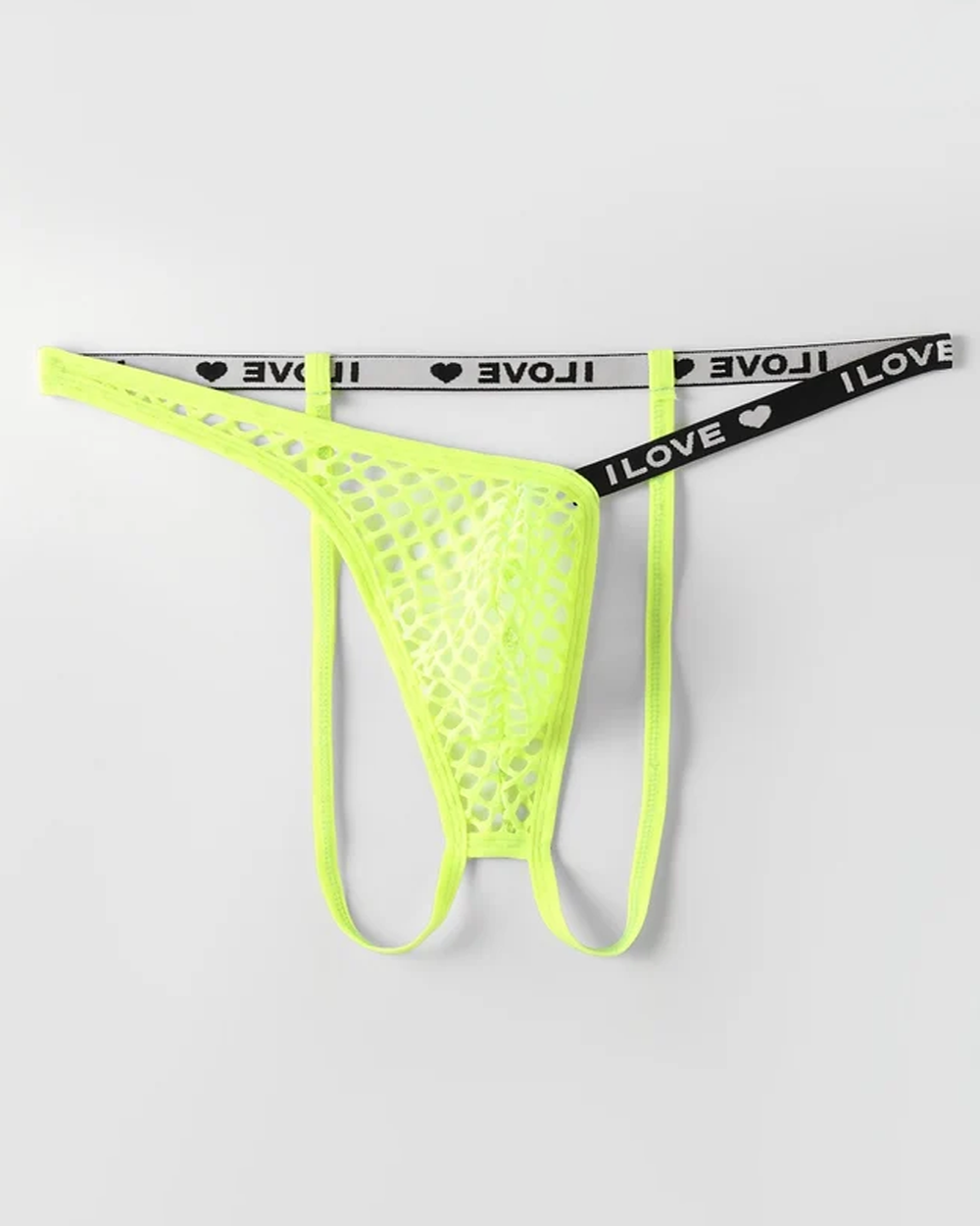 Men's Fishnet Thong with I LOVE Heart Print Waistband