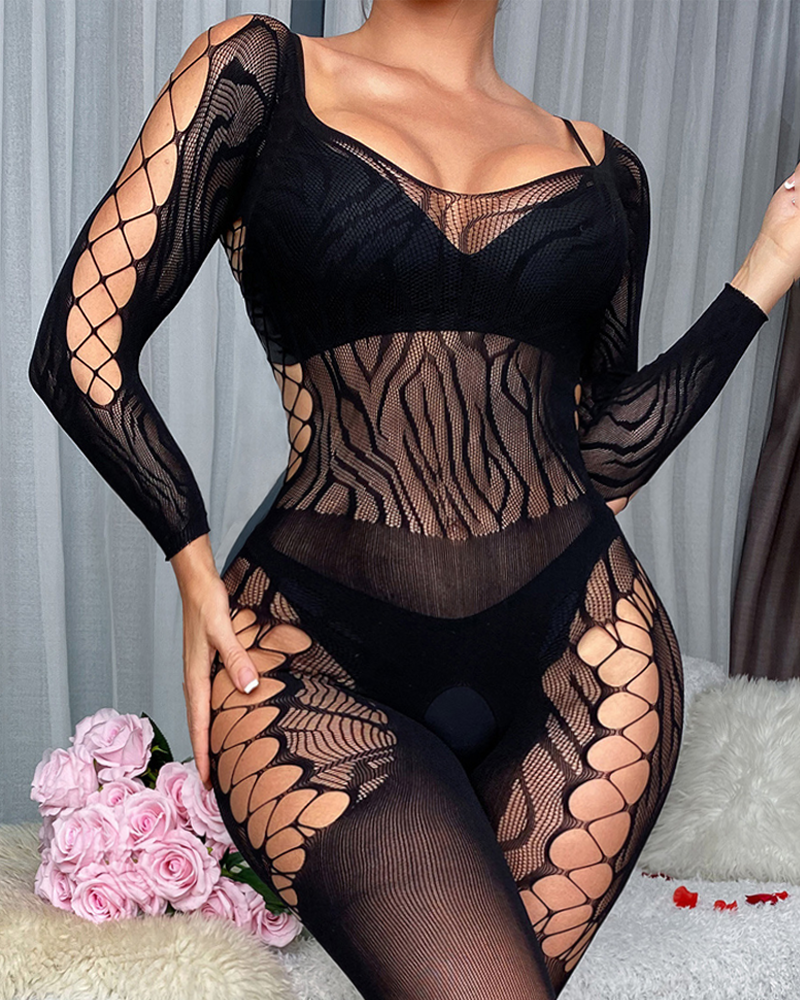 Sexy Sheer Lace Cutout Long Sleeve Bodystocking