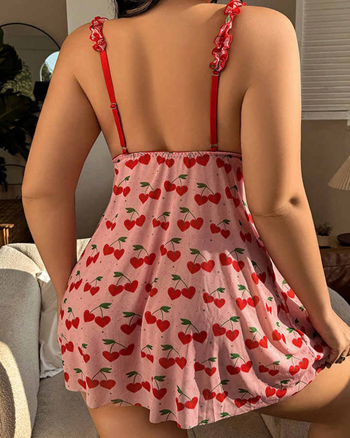 Plus Size Cherry Print Babydoll Lingerie Set with Matching Panties