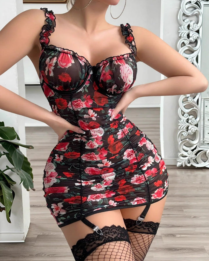 Sexy Floral Mesh See-Through Backless Suspender Nightdress