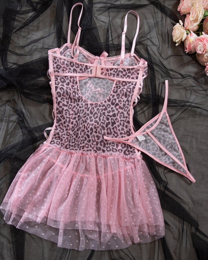 Sexy Leopard Print Lace-Up Bustier Lingerie Dress with Thong