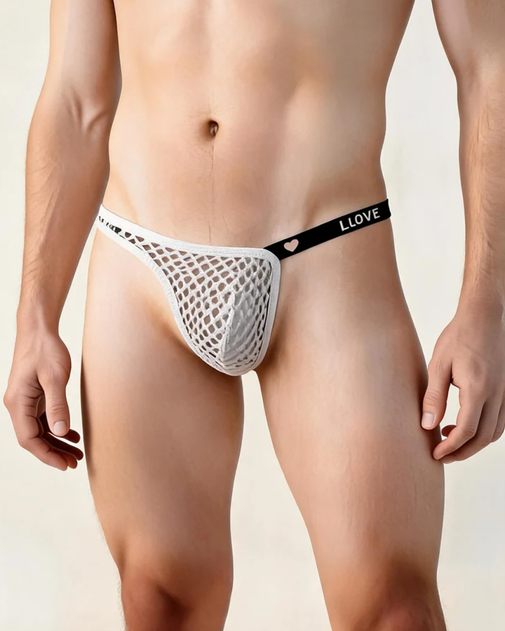 Men's Fishnet Thong with I LOVE Heart Print Waistband