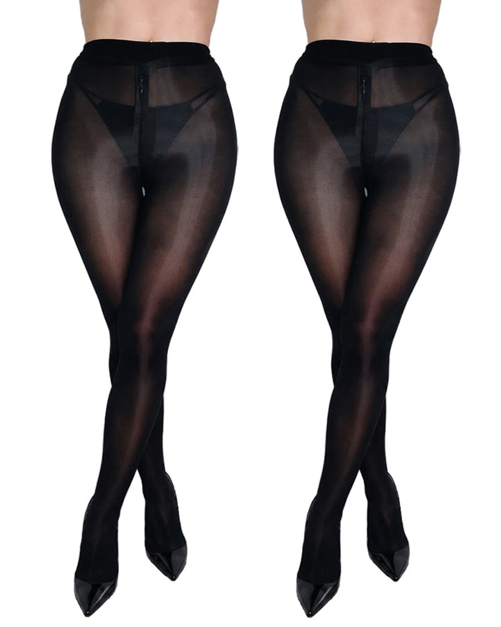 Two Pairs High Waisted Silky Shiny Transparent with Zipper Crotch Pantyhose