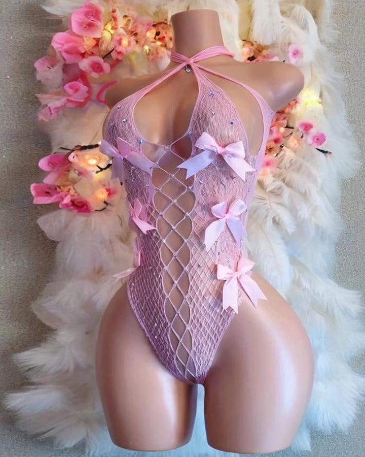 Sexy Halter Neck Openwork Mesh Bow-Decorated Bodysuit