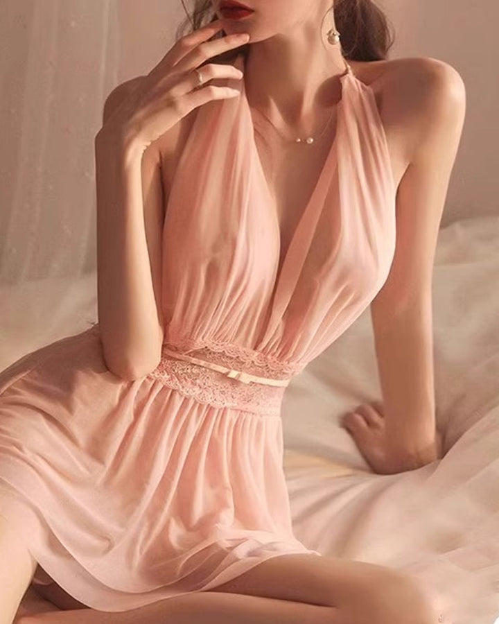 Sexy Deep V Halter Neck Backless Mesh Lace Nightgown